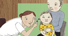 illustration, läkare undersöker barn i örat