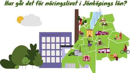 Illustration av näringslivet i Jönköpings län med stad, landsbygd, företag, transporter, jordbruk och människor i aktivitet.