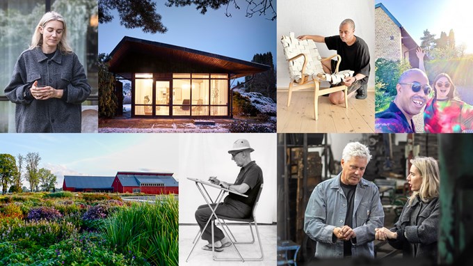 Ett kollage av bilder föreställande bland annat ett hus ritat av Bruno Mathsson, konstmuseet Vandalorum, Bruno Mathsson som arbetar i en stol. 