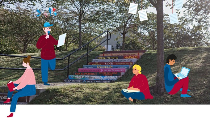 Illustration av människor som läser böcker vid en trappa som gjorts av bokryggar.