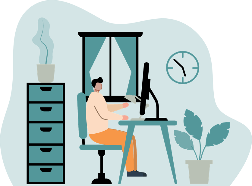 Bilden är en illustration över en person som sitter hemma och jobbar vid ett skrivbord.