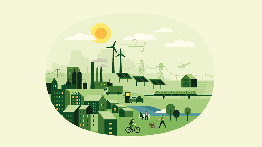 Ett illustrerat framtida samhälle i gröna nyanser.