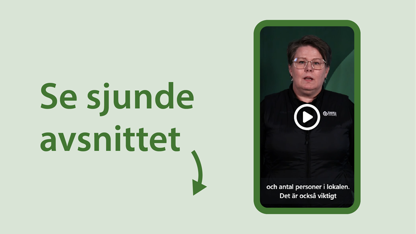 Illustration. Mobil med videon "Tips 7: Anpassa och underhåll ventilationen". Till vänster står det "Se sjunde avsnittet". 