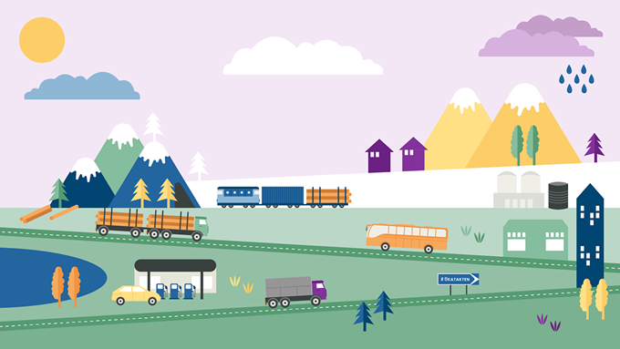 Illustration med lastbilar, buss, tåg och bil i ett landskap med vägar, en sjö, ett berg och några hus.