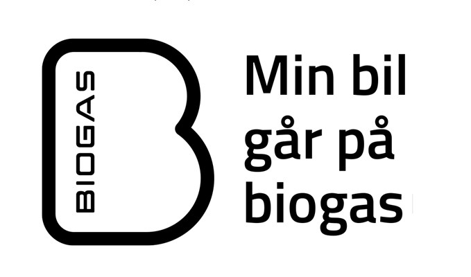 Biogaslogotyp i form av ett B med texten Min bil går på biogas.