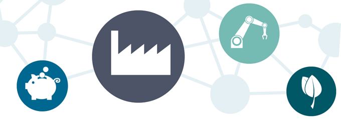 Illustration med spargris och industribyggnad.
