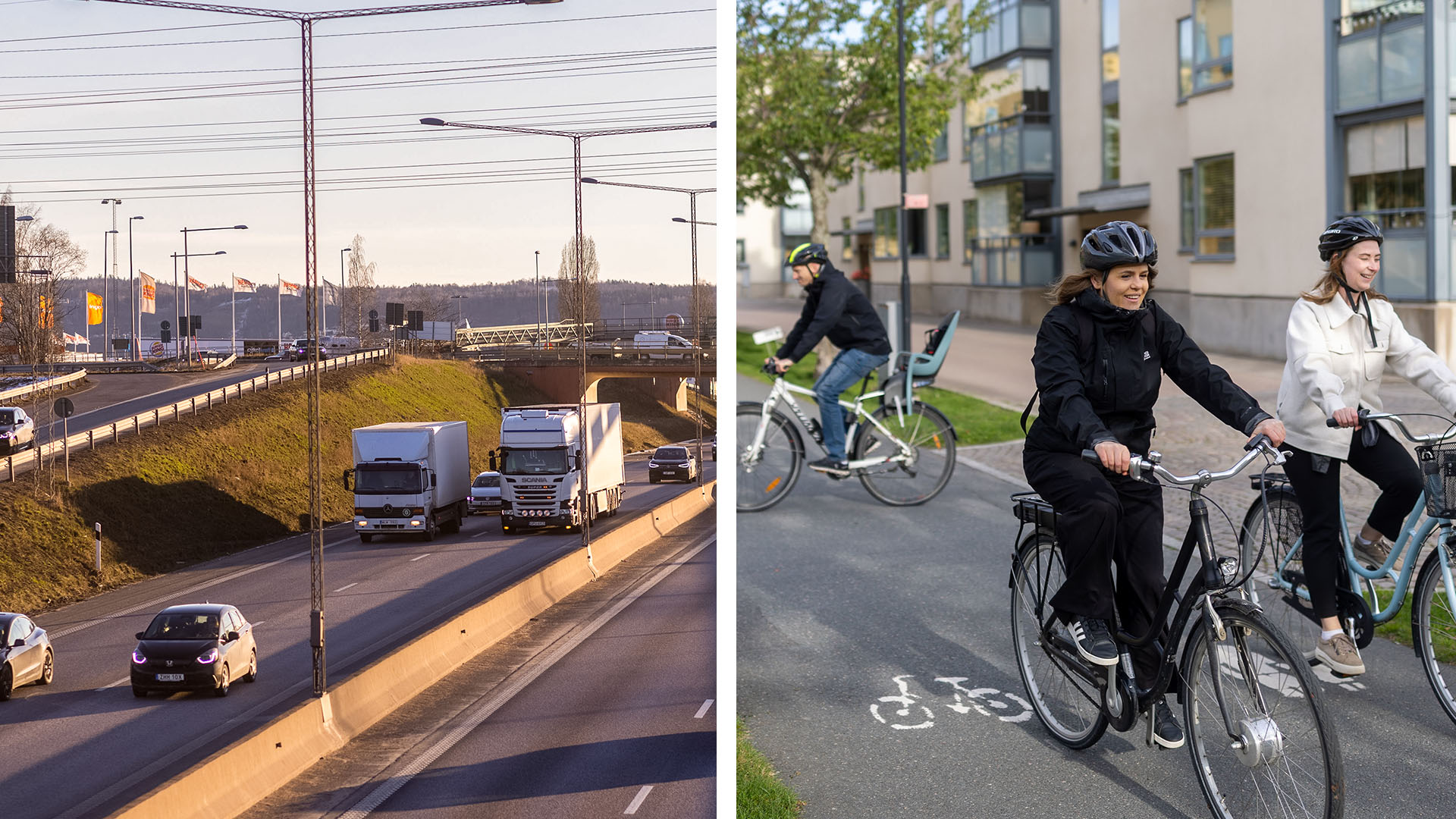 Fotomontage som visar dels bilar och lastbilar på motorväg och tre personer som cyklar på en cykelväg i stan.
