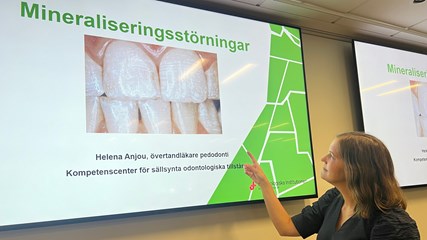 En kvinna står och pekar mot en skärm med texten mineraliseringsstörningar