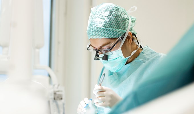 A close-up of a dentist.