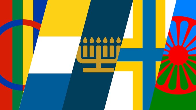 De olika nationella minoriteternas flaggor i ett kollage. Den judiska minoriteten representeras i bilden av Menoran, den sjuarmade ljusstaken.