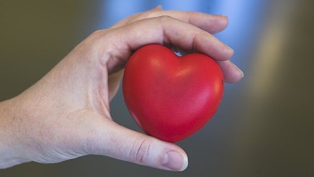 En hand håller upp ett litet rött hjärta