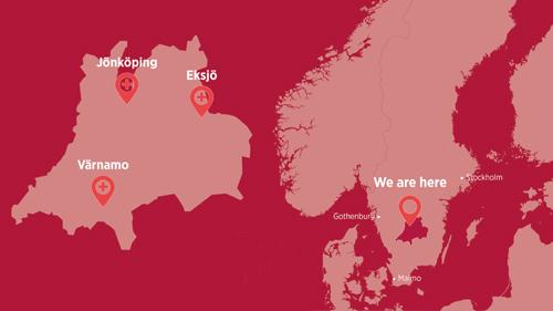 A map that illustrates where in Region Jönköping County our hospitales are located.