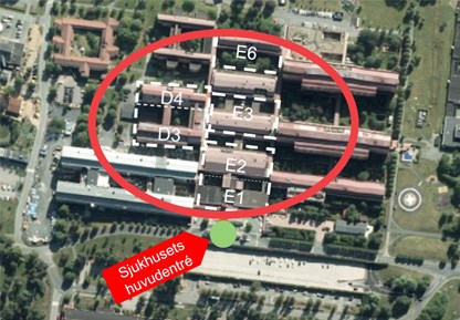Drönarbild  över Ryhovsområdet och Länssjukhuset Ryhov i Jönköping. Hus som berörs i Akutspåret är markerade.