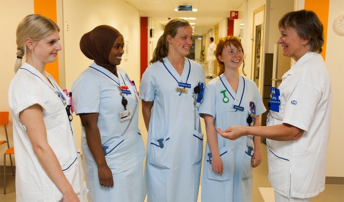 Linnéa Sjöfors, Nimco Farah, Petronella Pohto och Linnéa Karlsson är nyanställda sjuksköterskor på medicin- och geriatriska kliniken, Värnamo sjukhus, under 2016. För att få en bra start i yrkeslivet har de nu den erfarna sjuksköterskan Birgitta Johansson som mentor. 