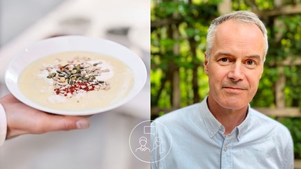 En tallrik soppa och bredvid en bild på Marco Nilsson som föreläser