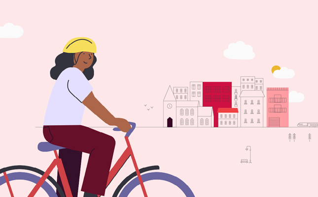 Illustration: person cyklar genom staden. 