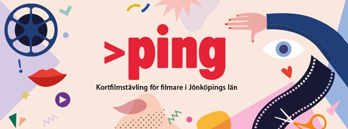 En färgglad illustration med olika grafiska element som har tagits fram för att symbolisera Ping kortfilmsfestival 2021. 