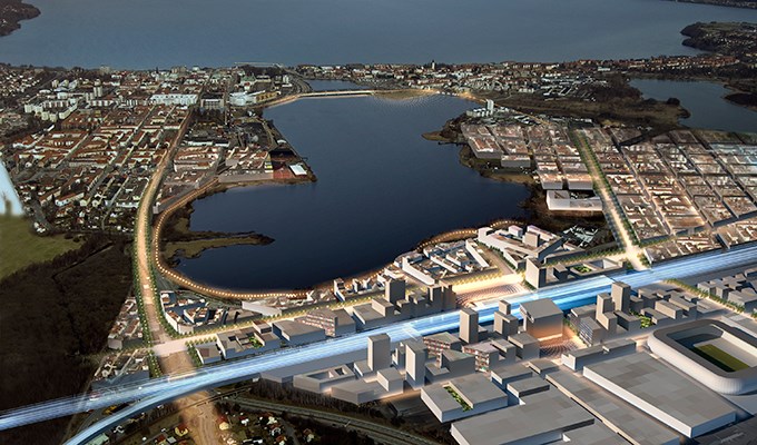 Visionsbild över hur centrala Jönköping ser ut när höghastighetsjärnvägen är byggd