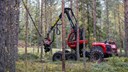 En röd skördare arbetar i skogen.