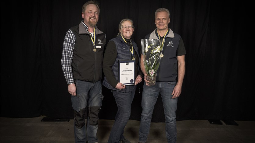 Tre lärare står med priset för årets UF-skola och ler mot kameran.