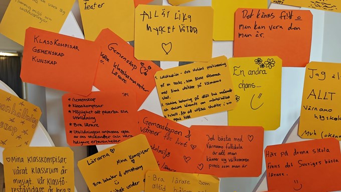 Lappar i gult och orange uppsatta på ett vitmålat träd där deltagare skrivit vad man tycker är det bästa med Värnamo Folkhögskola