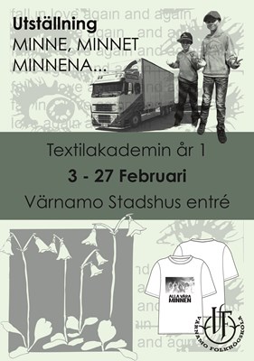Affisch föreställande två barn med kepsar, en lastbil, tecknade blommor och vit t-shirt med texten "alla våra minnen" på.