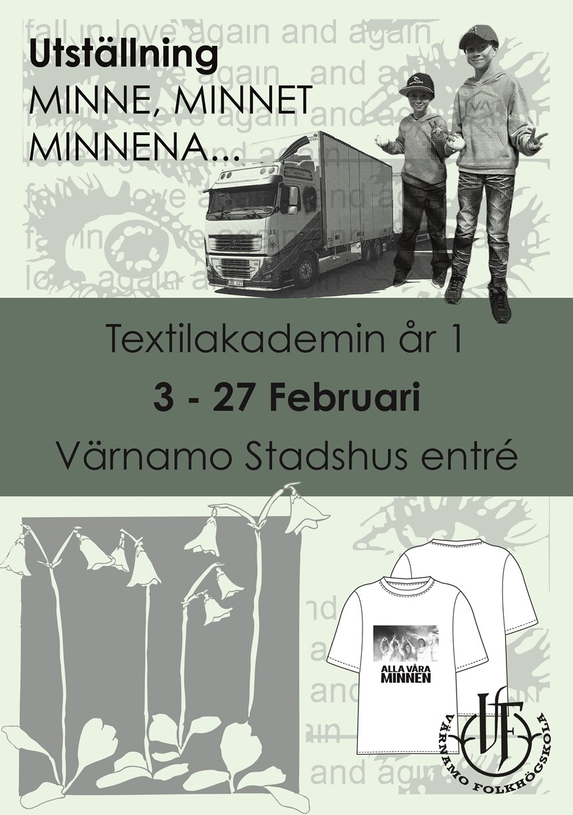 Affisch föreställande två barn med kepsar, en lastbil, tecknade blommor och vit t-shirt med texten "alla våra minnen" på.